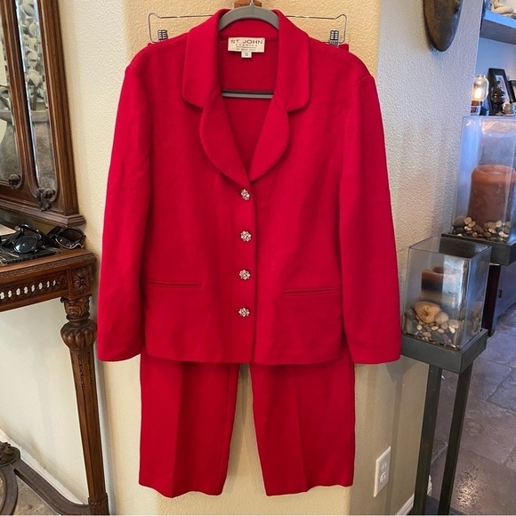 St. John Other - ST. JOHN Women Red 2-Piece Rhinestone Buttons Wool Jacket Pants Size 10/12